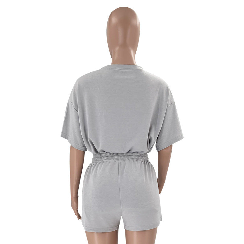 Color Round Neck Half Sleeve Pullover Top Clothing Shorts Suit Summer