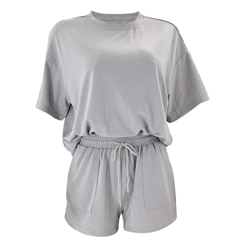 Color Round Neck Half Sleeve Pullover Top Clothing Shorts Suit Summer