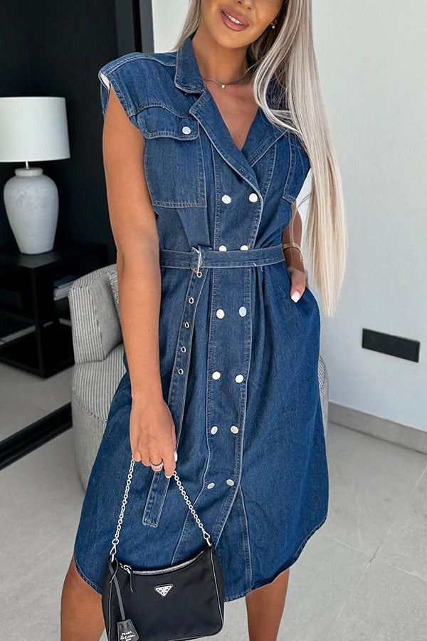 Color Lapel Sleeveless Button Pocket Waist Tie Denim Midi Dress