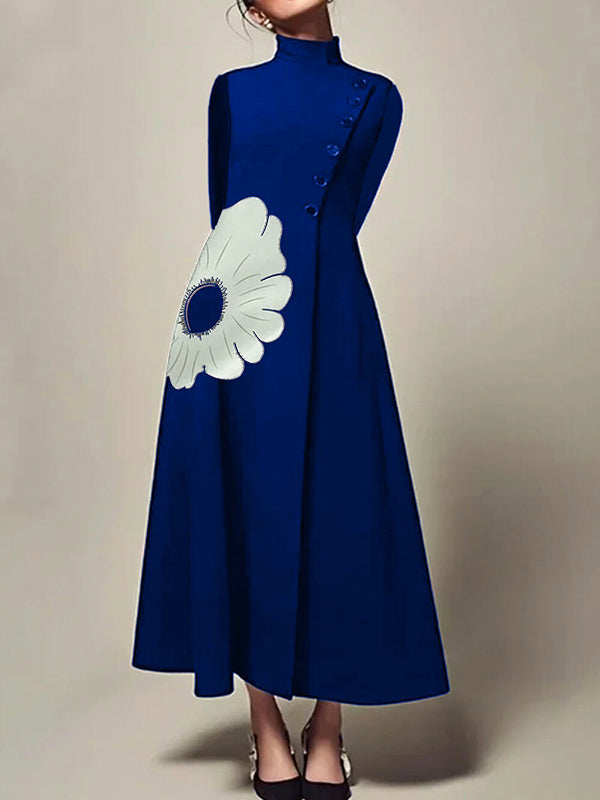 A-line Long Sleeves Flower Print High Neck Midi Dresses