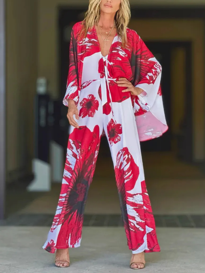 Red Hibiscus Printed Beach Garbo Cape Jumpsuit