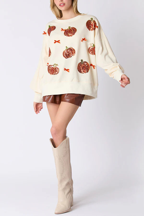 Halloween Colorful Pumpkin Embroidered Loose Sweatshirt