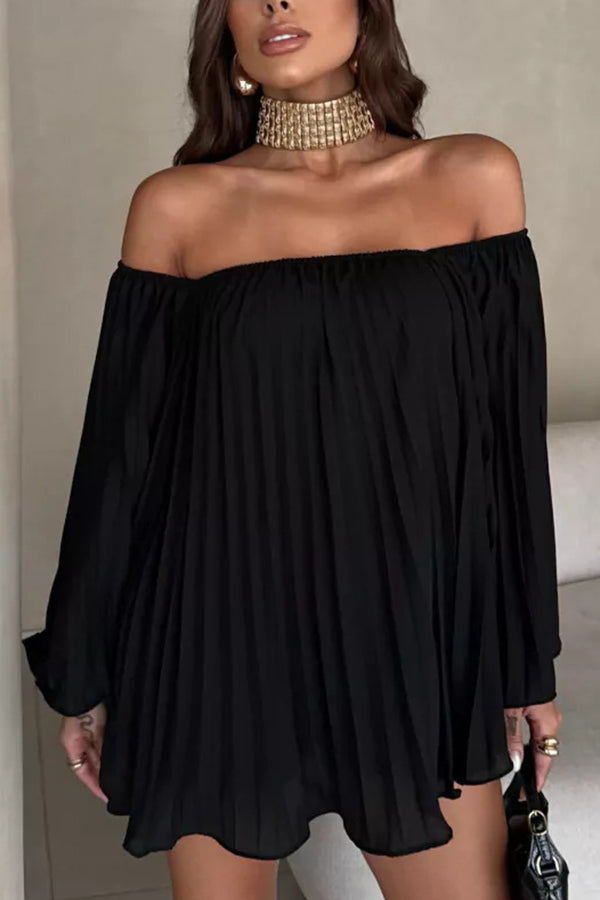 Off-the-shoulder Pleated Loose Top and Elastic Waist Shorts Set