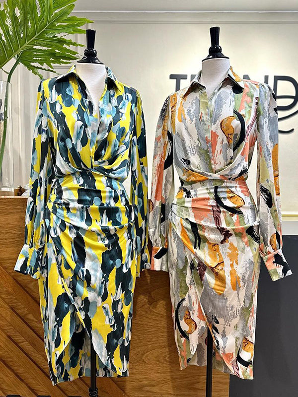 High Waisted Long Sleeves Asymmetric Pleated Printed Split-joint Deep V-neck Midi Dresses
