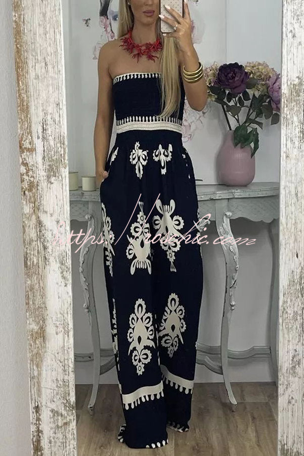 Larsen Print Off Shooulder Smocked Bust Pocketed Jumpsuit