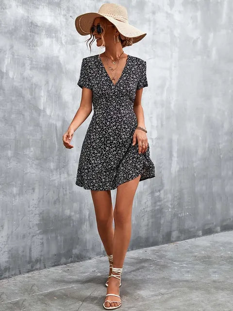Summer Short Dress V Neck Print Party Dress Flower Mini Dress for