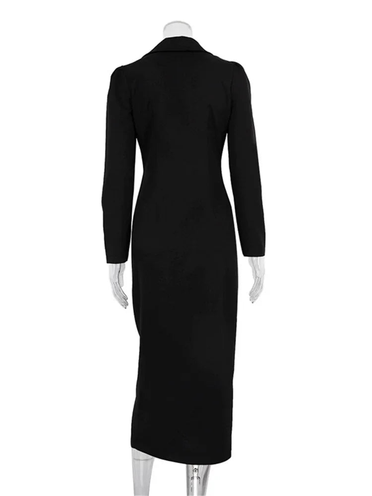 Black Zipper Lapel Maxi Dress for Cardigan Patchwork Slim High Waist Dress