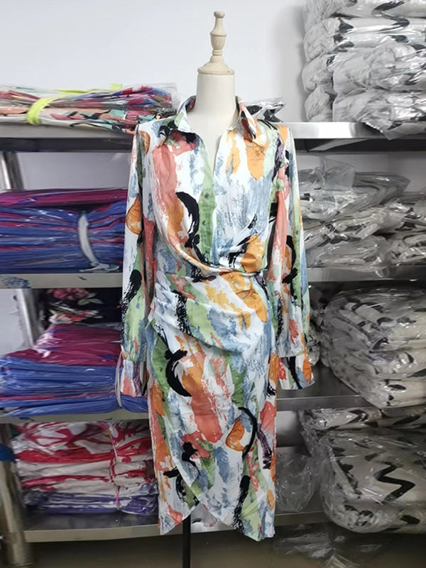 High Waisted Long Sleeves Asymmetric Pleated Printed Split-joint Deep V-neck Midi Dresses