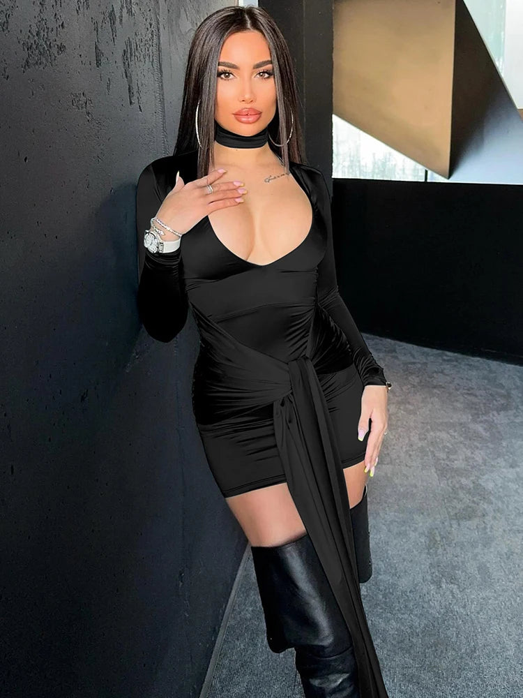 Irregular Mini Dress for Low Cut Long Sleeve Ruched Bodycon Dress Femme Club Party Dress New