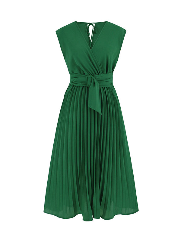 Sleeveless Pleated Color Tied Waist V-neck Midi Dresses