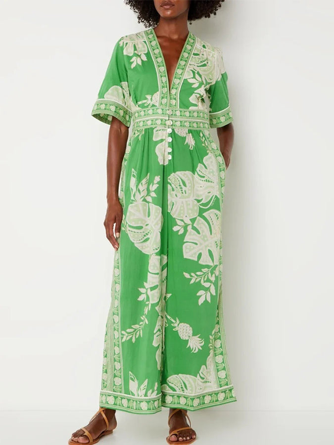 Printed V Neck Short Sleeves Jumpsuit