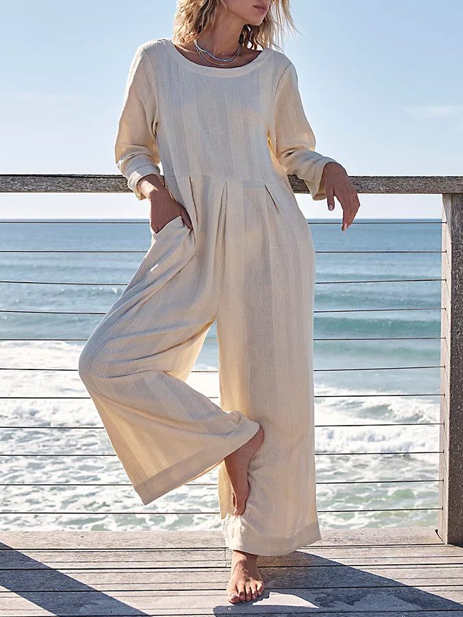 Long Sleeves Pockets Wide-leg Pants Jumpsuits