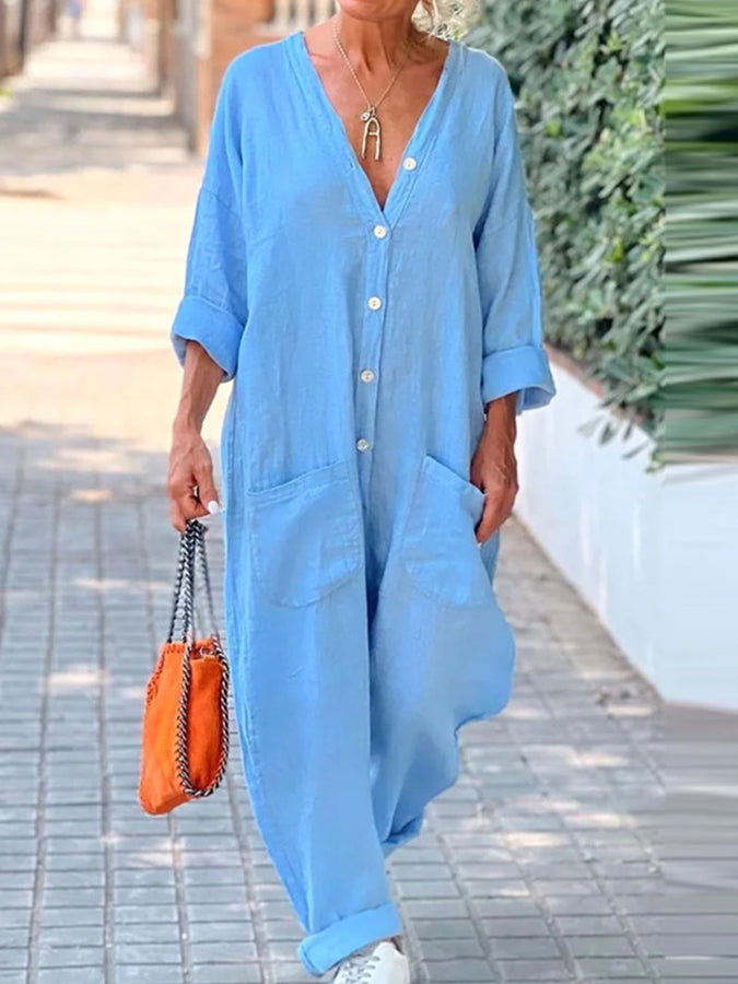 Long Sleeves Pockets V Neck Buttoned Jumpsuits