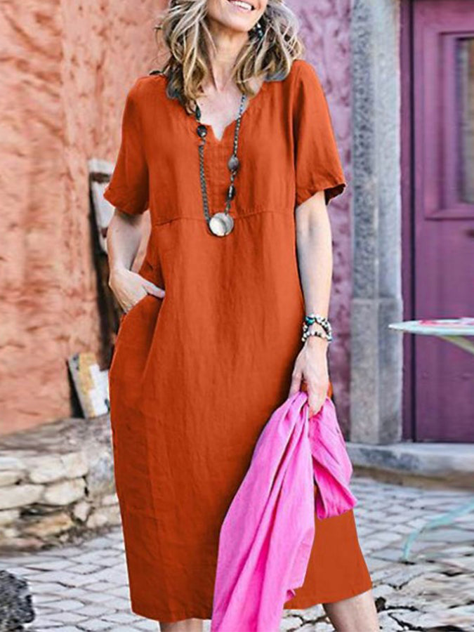 Short Sleeves Pockets Cotton-linen Midi Dress