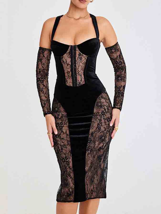 Lace Paneled See-through Slim Midi Dress