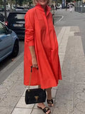 Long Sleeves Shirt Collar Simple Midi Dress