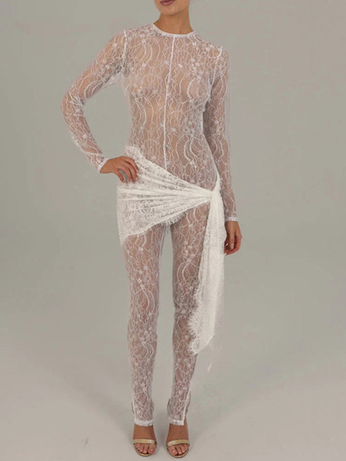 Lace Long Sleeves See-through Slim Fit Jumpsuit
