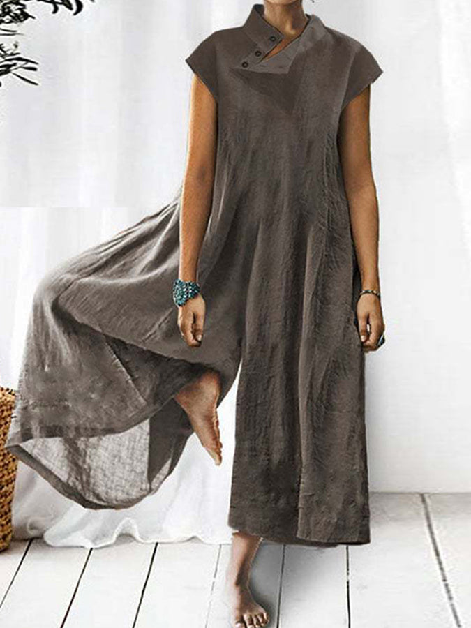 Stand Collar Short Sleeves Wide-leg Jumpsuits