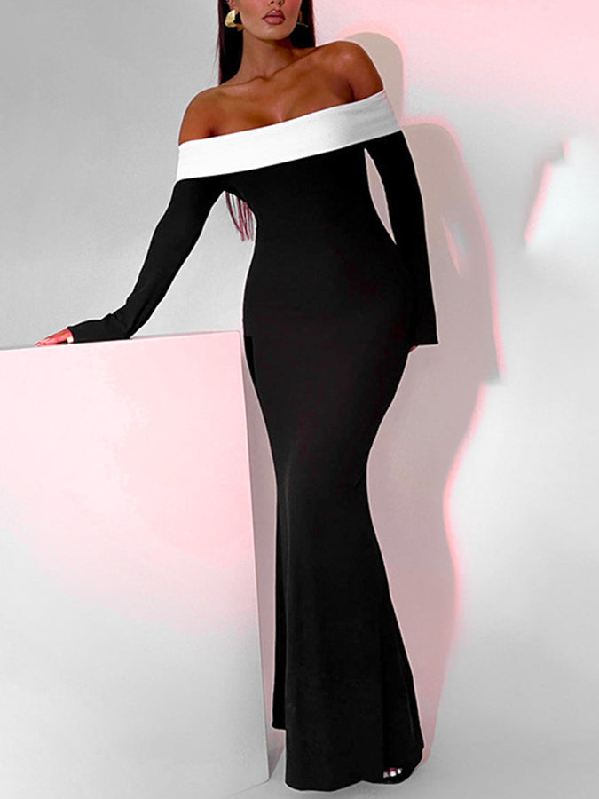 Off Shoulder Long Sleeves Slim Maxi Dress