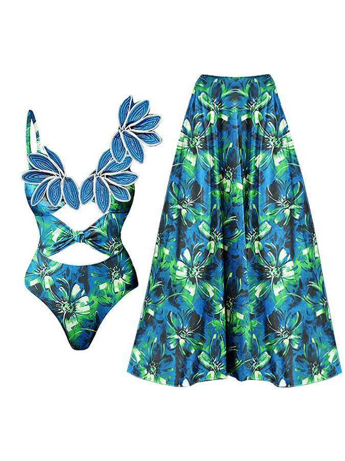3d Flower One Piece Swimsuit and Skirt