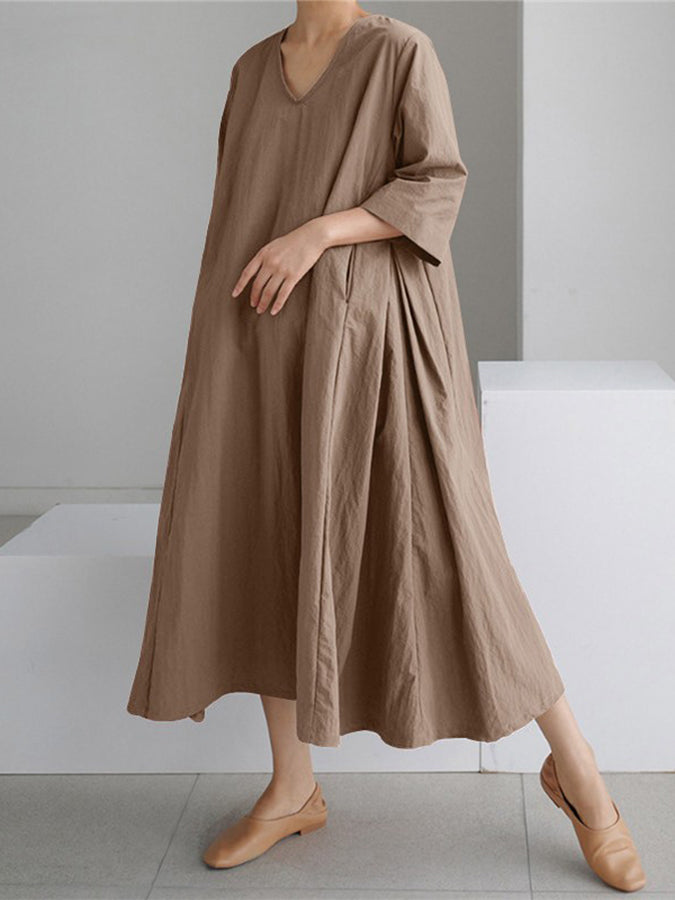 3/4 Sleeves V Neck Loose Cotton-linen Maxi Dress