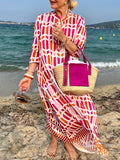 3/4 Sleeves Round Neck Geometric Printed Maxi Dress