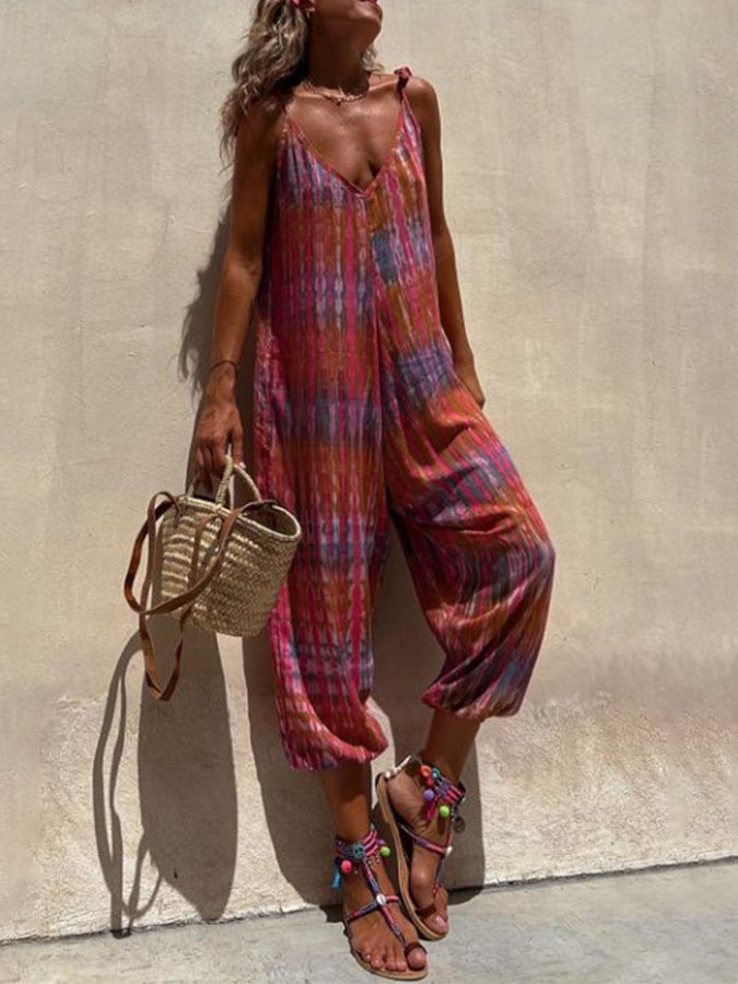 V Neck Printed Sleeveless Wide-leg Jumpsuits