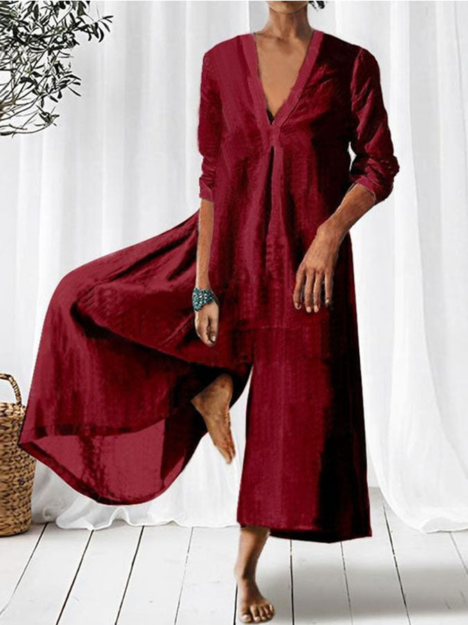 V Neck 3/4 Sleeves Wide-leg Jumpsuit