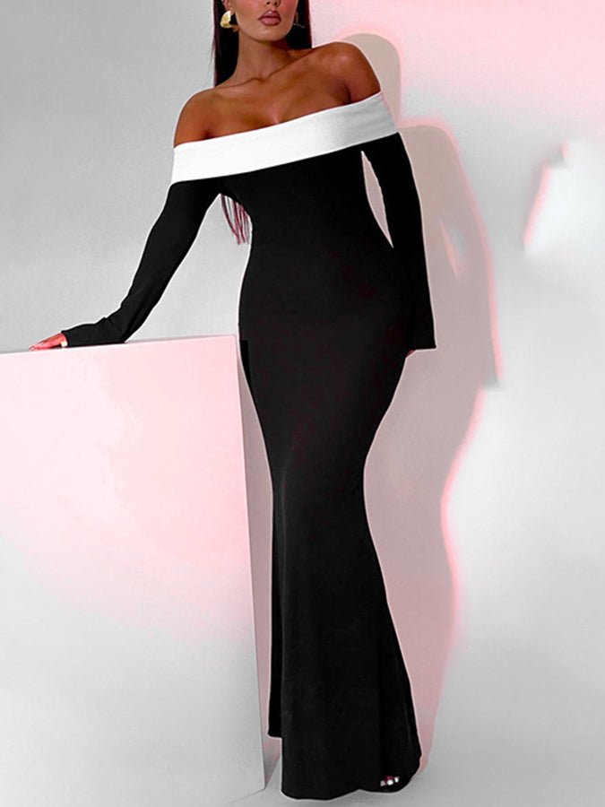 Off Shoulder Long Sleeves Slim Maxi Dress