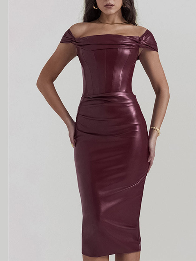 Off Shoulder Leather Slim Midi Dress