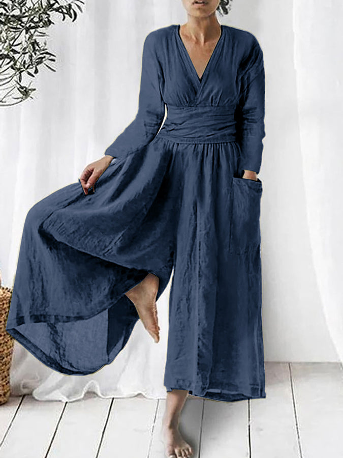 Long Sleeves V Neck Wide -leg Pants Jumpsuits