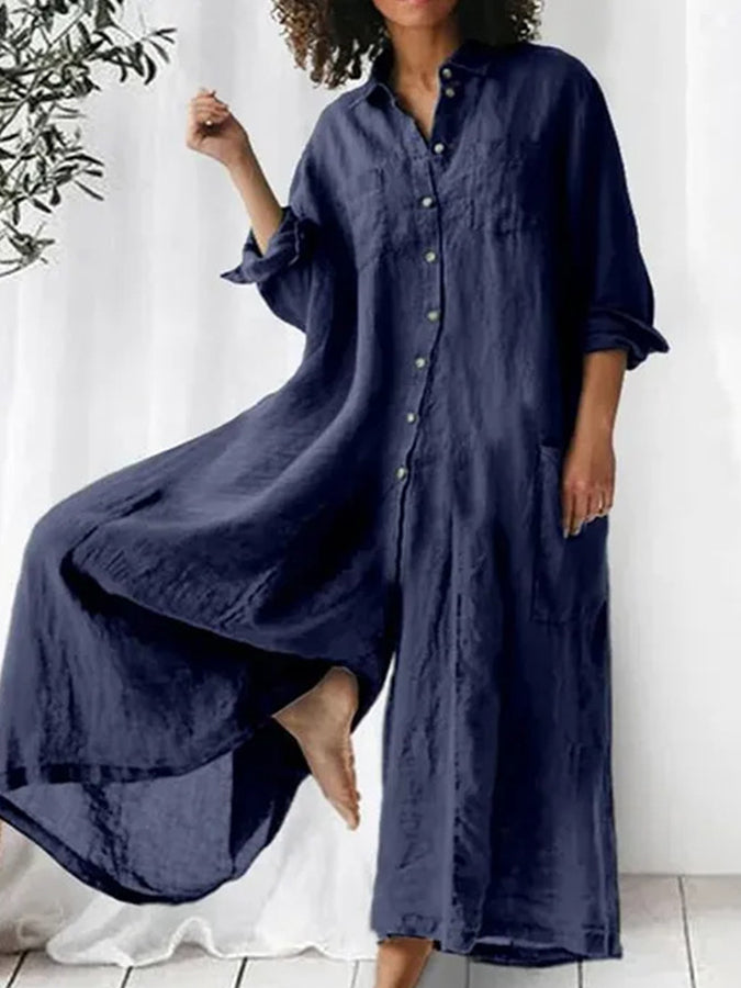 Long Sleeves Wide-leg Pants Shirt Collar Jumpsuit