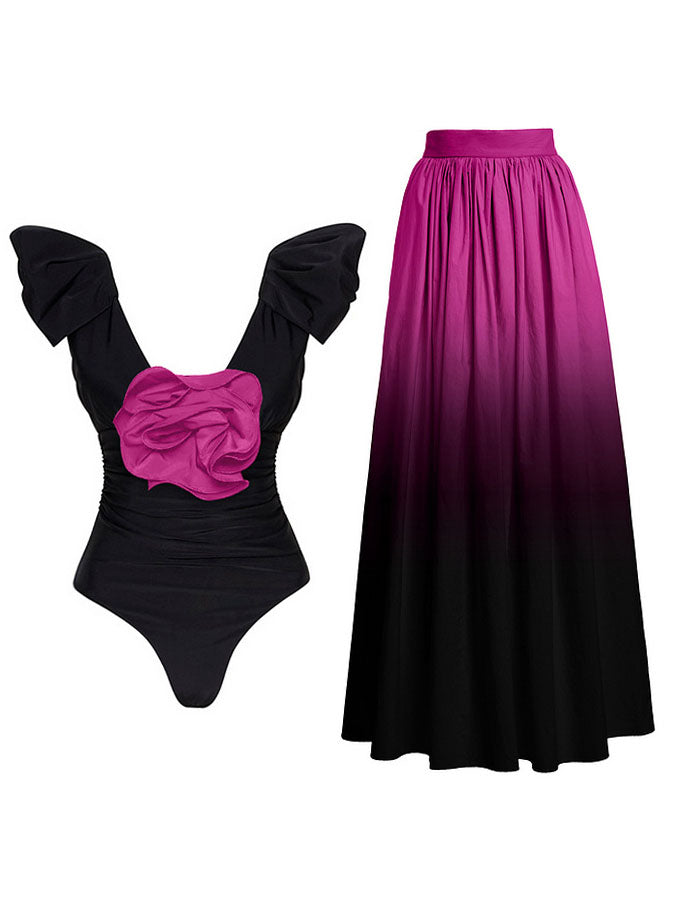 3d Flower One Shoulder Bikini Swimsuit and Skirt
