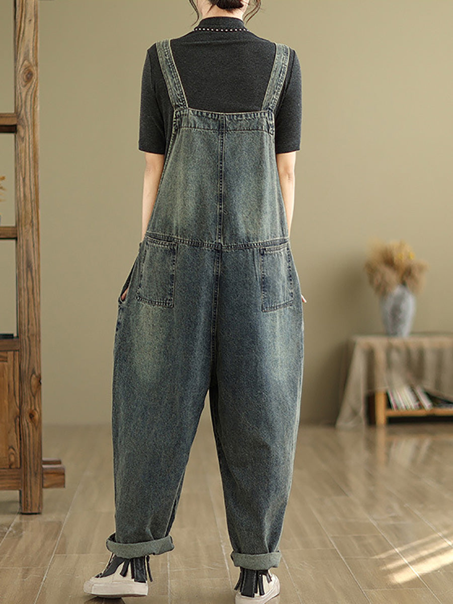 Retro Patchwork Loose Washed Denim Jumpsuits Ah1080
