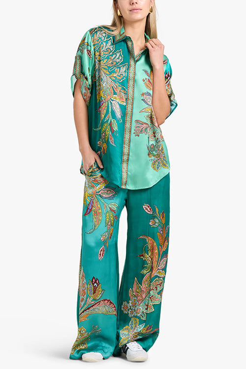 Roll Up Short Sleeves Shirt and Wide Leg Pants Printed Satin Set