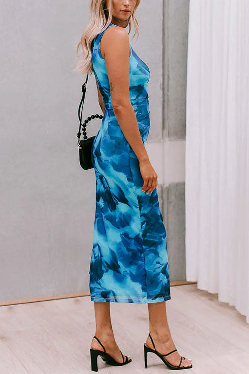Side Slit Sleeveless Print Bodycon Midi Dress