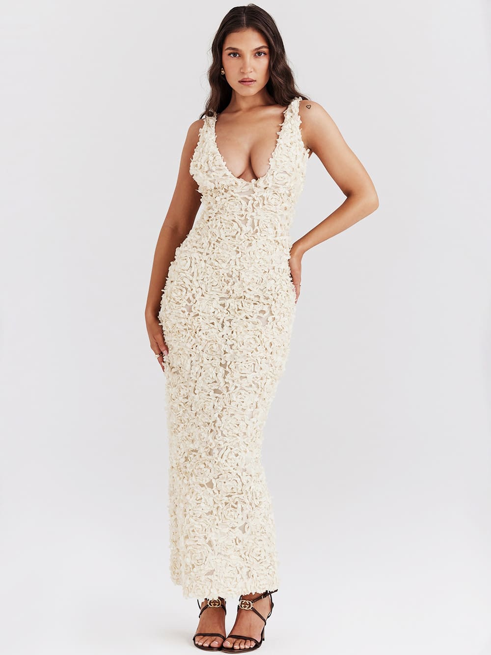 Creme Plunge Appliqué Maxi Dress-carena