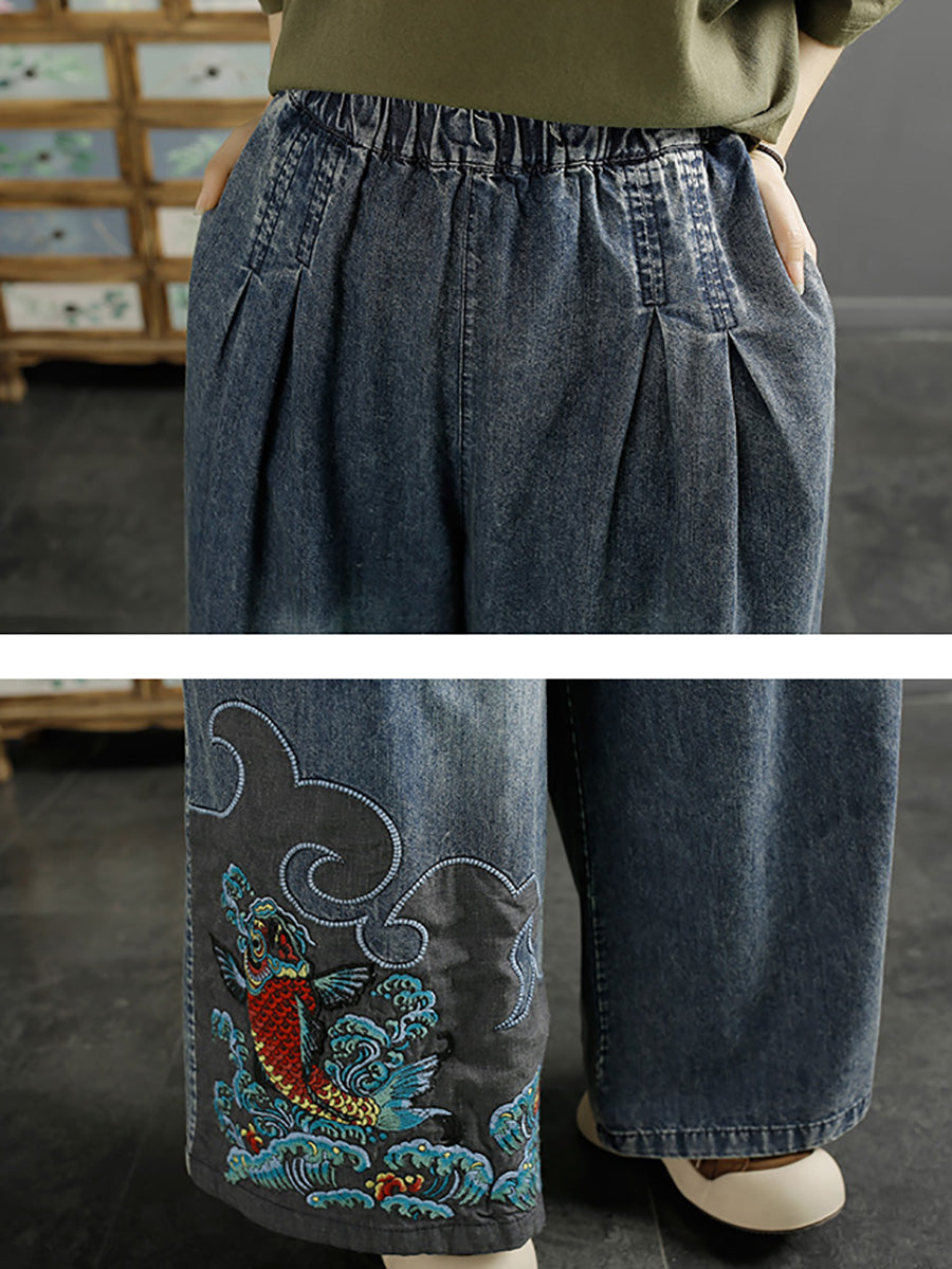 Summer Koi Embroidery Wide-leg Denim Pants Co1049
