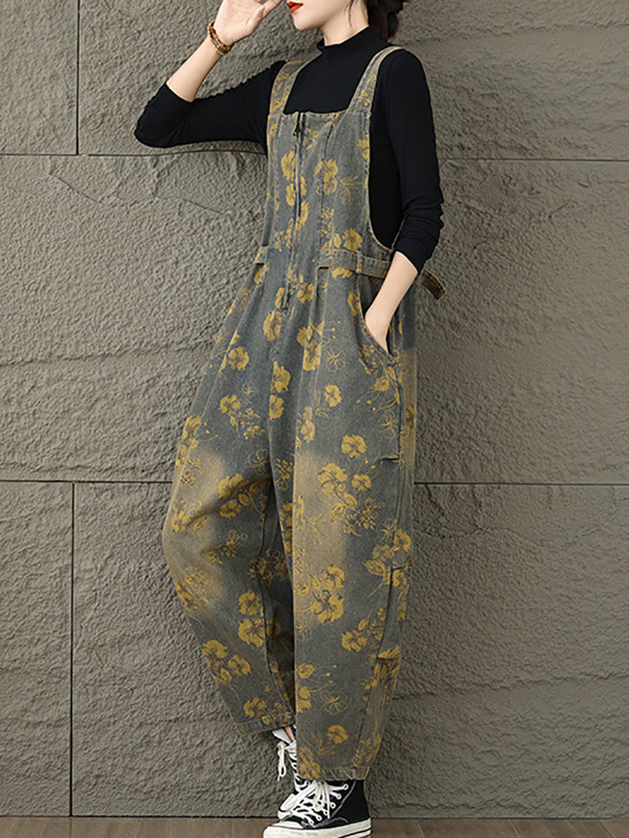 Autumn Retro Flower Zipper Denim Jumpsuits Ax1002