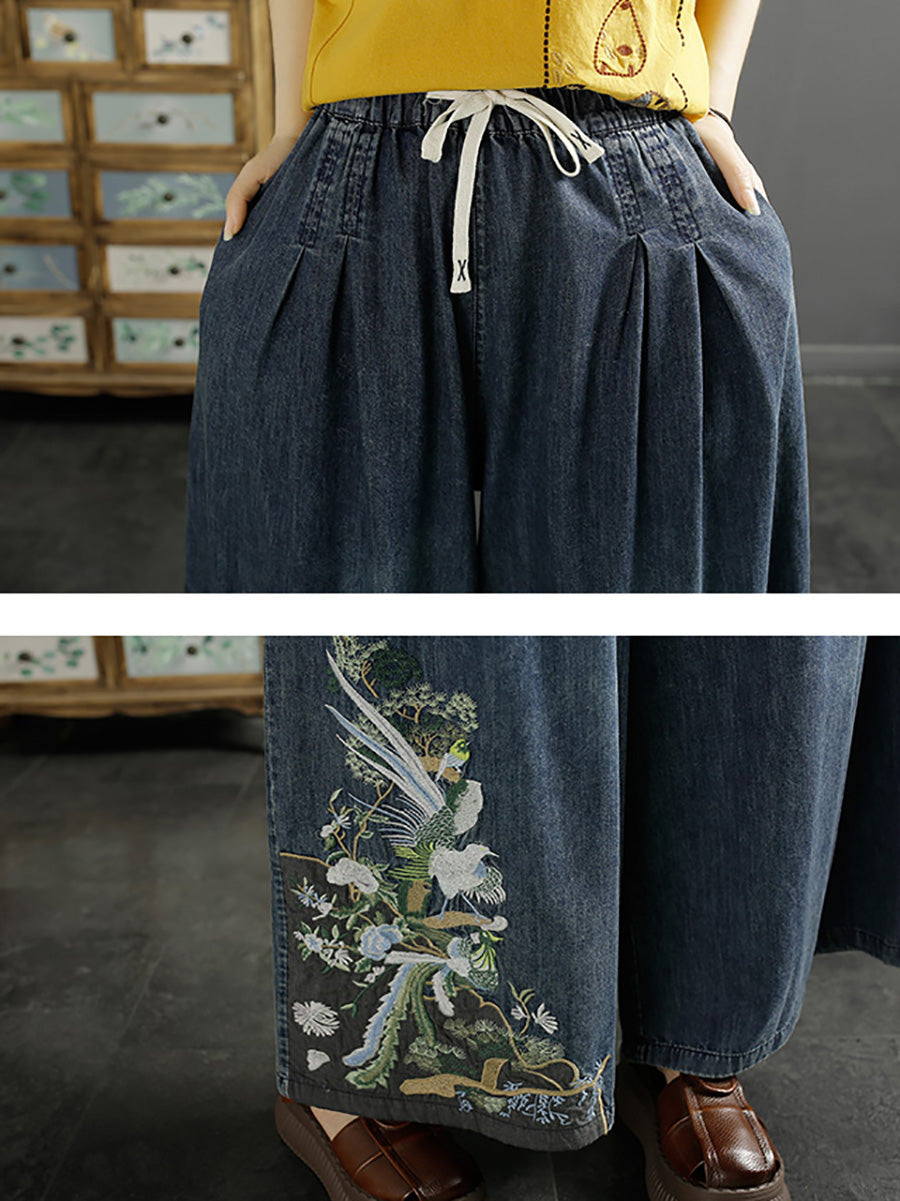 Embroidery Wide-leg Denim Pants Kl1008