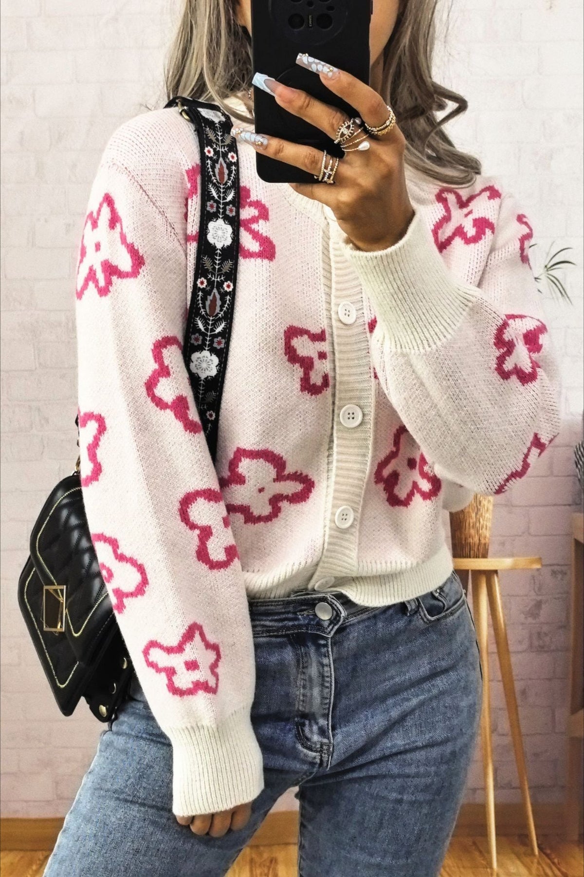 Jacquard Short Single-row Button Knit Cardigan