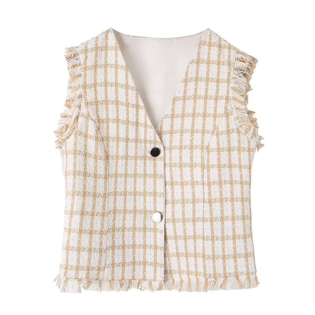 Spring Loose Plaid Straight Leg Pants Sweet Fresh Pants Contrast Color Tassel Shorts