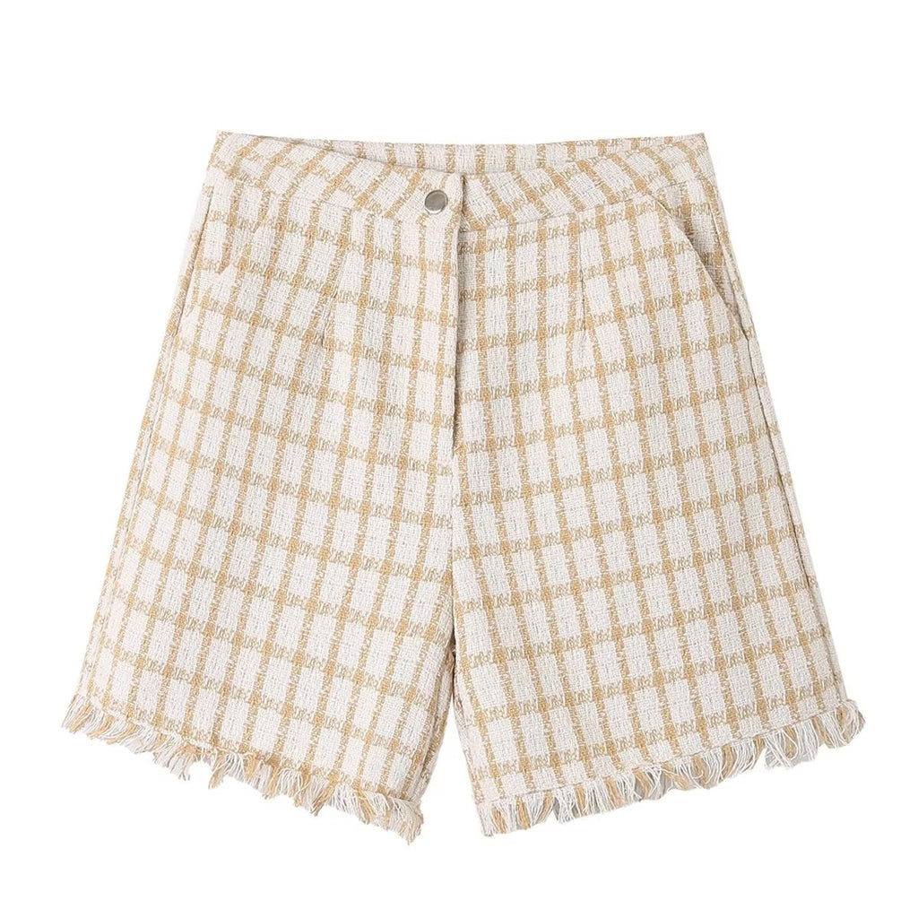 Spring Loose Plaid Straight Leg Pants Sweet Fresh Pants Contrast Color Tassel Shorts