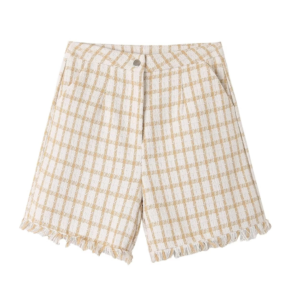 Spring Loose Plaid Straight Leg Pants Sweet Fresh Pants Contrast Color Tassel Shorts