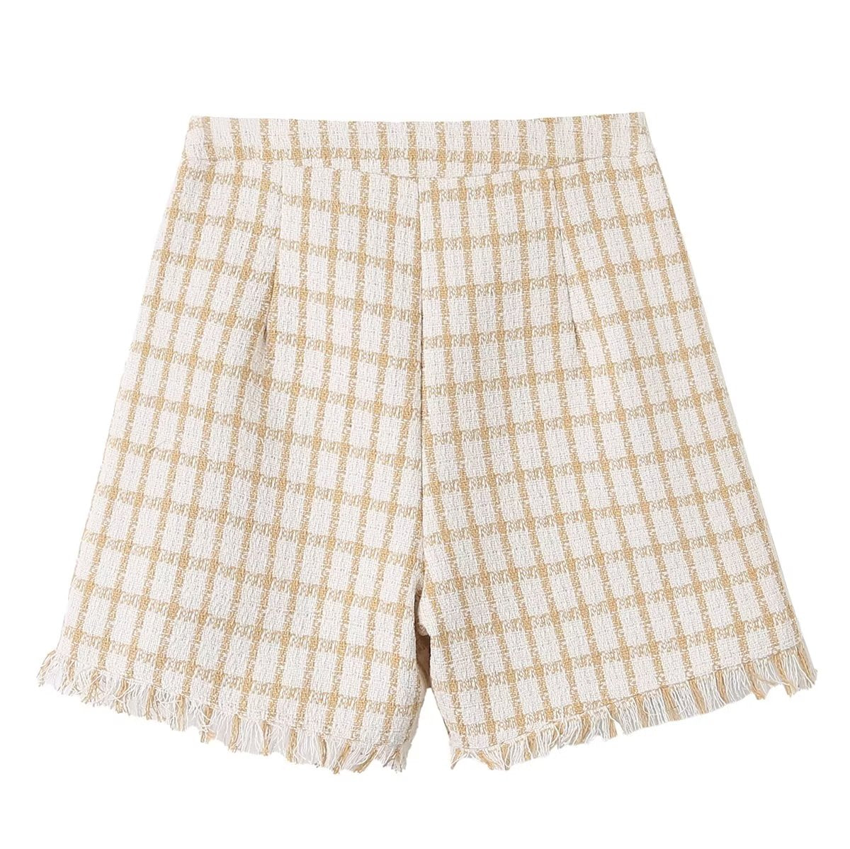 Spring Loose Plaid Straight Leg Pants Sweet Fresh Pants Contrast Color Tassel Shorts
