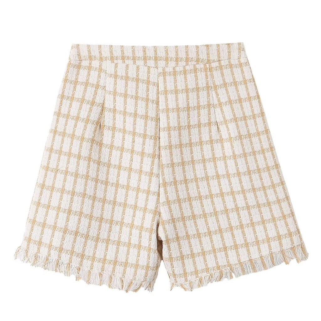 Spring Loose Plaid Straight Leg Pants Sweet Fresh Pants Contrast Color Tassel Shorts