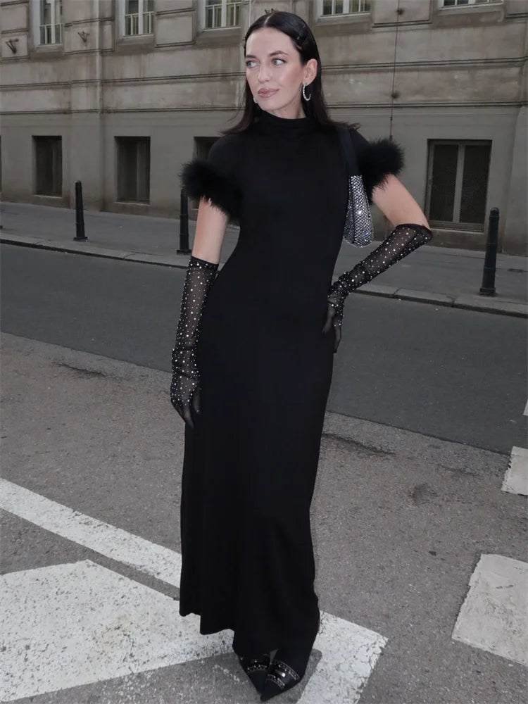 Female Fur Feather Maxi Dress Short Sleeve Autumn High Waist Slim Bodycon Dress Patchwork Long Dress