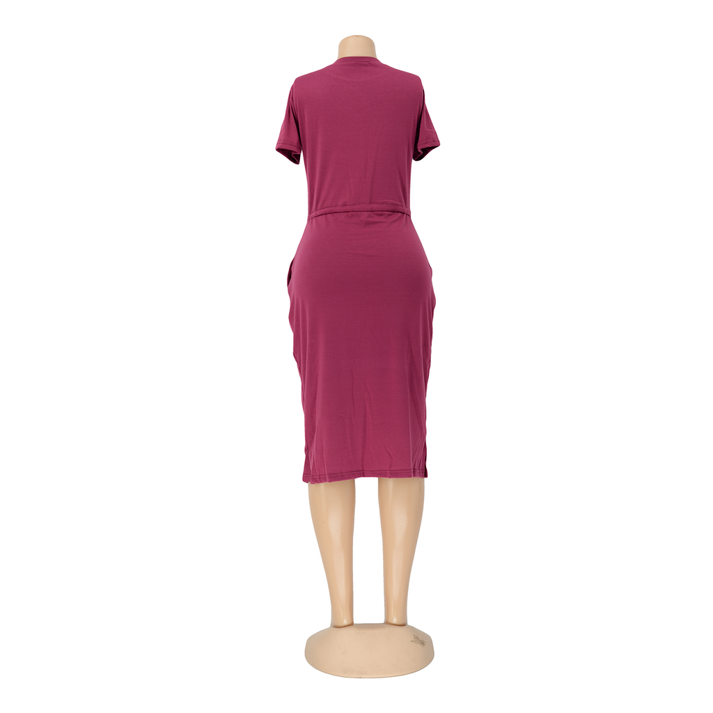 Dress Basic Elastic Waist Short Sleeve Color T Shirt Midi Dress
