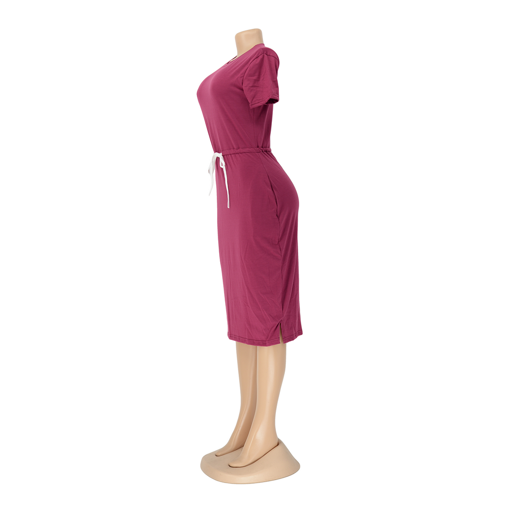 Dress Basic Elastic Waist Short Sleeve Color T Shirt Midi Dress