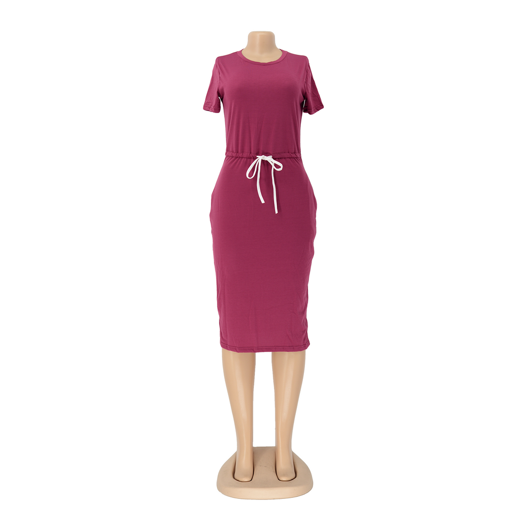Dress Basic Elastic Waist Short Sleeve Color T Shirt Midi Dress